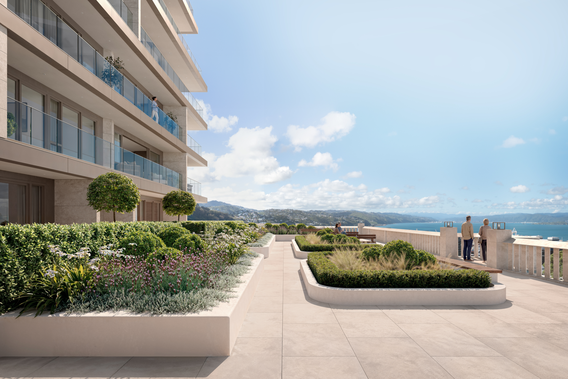 Rooftop terrace at Kelburn Residences overlooking Wellington harbour